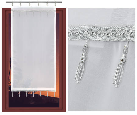 Biała gotowa firana ekran panelowy z delikatnego woalu z ozdobną szaro-srebrną taśmą z koralikami 50 x 100 cm